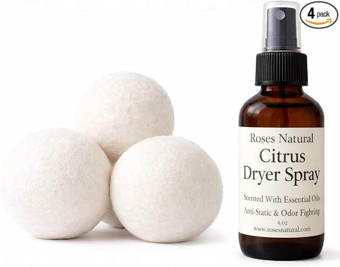 Wool Dryer Balls & Dryer Spray Bundle – 3 Reusable Dryer Balls + Plant-Based Essential Oil Dryer Spray, Natural Fabric Freshener, Anti-Static & Odor Fighting (Citrus)