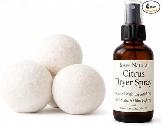 Wool Dryer Balls & Dryer Spray Bundle – 3 Reusable Dryer Balls + Plant-Based Essential Oil Dryer Spray, Natural Fabric Freshener, Anti-Static & Odor Fighting (Citrus)