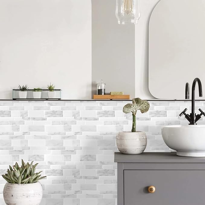 Marble Peel and Stick Backsplash for Kitchen, Thicker Design Self Adhesive Wall Tiles Stick on Backsplash, Marble Look Decorative Tiles (10 Tiles, 12”× 12”)