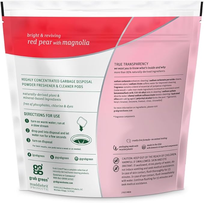 Grab Green Natural Garbage Disposal Cleaner, Deoderizer & Freshener Pods, Red Pear + Magnoliea—with Essential Oils, 12 Pods, Plant & Mineral-Based Ingredients