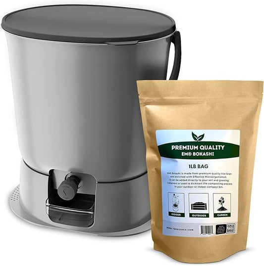 TeraGanix Bokashi Compost Starter Kit, Essential Bucket + Base, Indoor Composting, 15.3L (4gal) Capacity, Airtight, Odor & Pest-Free, Includes Bokashi Rice Bran & Liquid Collection Base, (Grey)