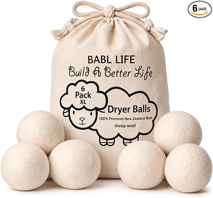 XL Wool Dryer Balls 6 Pack, 3 Inch, 100% New Zealand Wool, Reusable Natural Fabric Softener for Towels, Bedding and Larger Loads, Helps Reduce Drying Time, Wrinkles and Static Cling