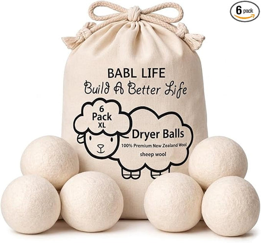 XL Wool Dryer Balls 6 Pack, 3 Inch, 100% New Zealand Wool, Reusable Natural Fabric Softener for Towels, Bedding and Larger Loads, Helps Reduce Drying Time, Wrinkles and Static Cling