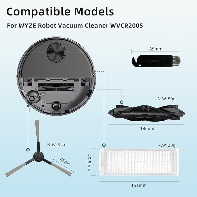 Replacement Parts Compatible with WYZE Robot Vacuum Cleaner WVCR200S Accessories, 2 Main Brushes, 6 Hepa Filters, 8 Side Brushes Attachment Spare Pack