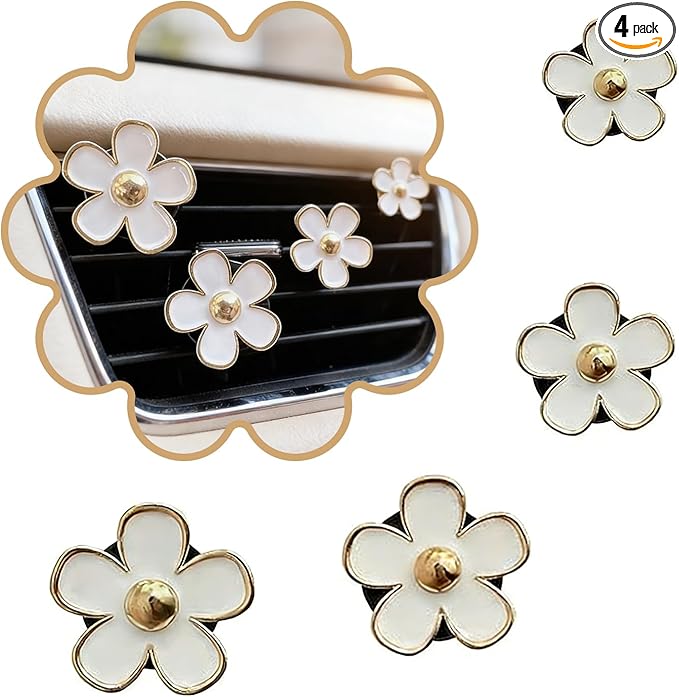 4Pcs Cute Daisy Flowers Car Air Freshener Vent Clips, 4 Sizes Sparkle White Flower Car Diffuser Clips, Refillable Girly Car Accessories for Women