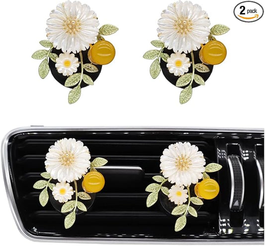 Flower Car Accessories,2pcs Daisy Air Vent Clips Car Air Freshener,Natural Shell Material Flower Dashboard Decor Car Charm for Women Mom
