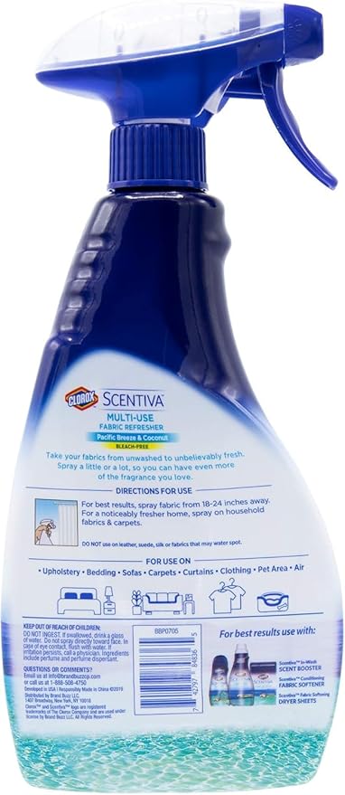 Clorox Scentiva Fabric Refresher Spray for Household Home Fabrics, Odor Refreshing Spray for Upholstery, Curtains, Bedding and Carpets, Pacific Breeze Coconut Scent, 16.9 Fl Oz - 2 Pack