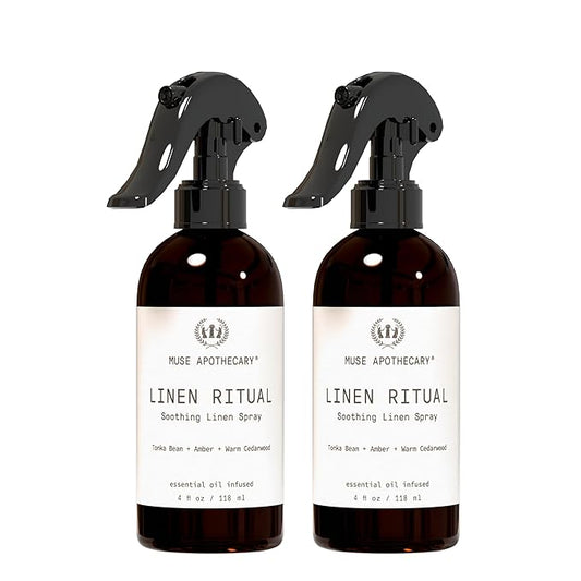 Muse Apothecary Linen Ritual - Aromatic, Soothing, and Relaxing Linen Mist, Laundry and Fabric Spray - Infused with Aromatherapy Essential Oils - 4 oz, Tonka Bean + Amber + Warm Cedarwood, 2 Pack