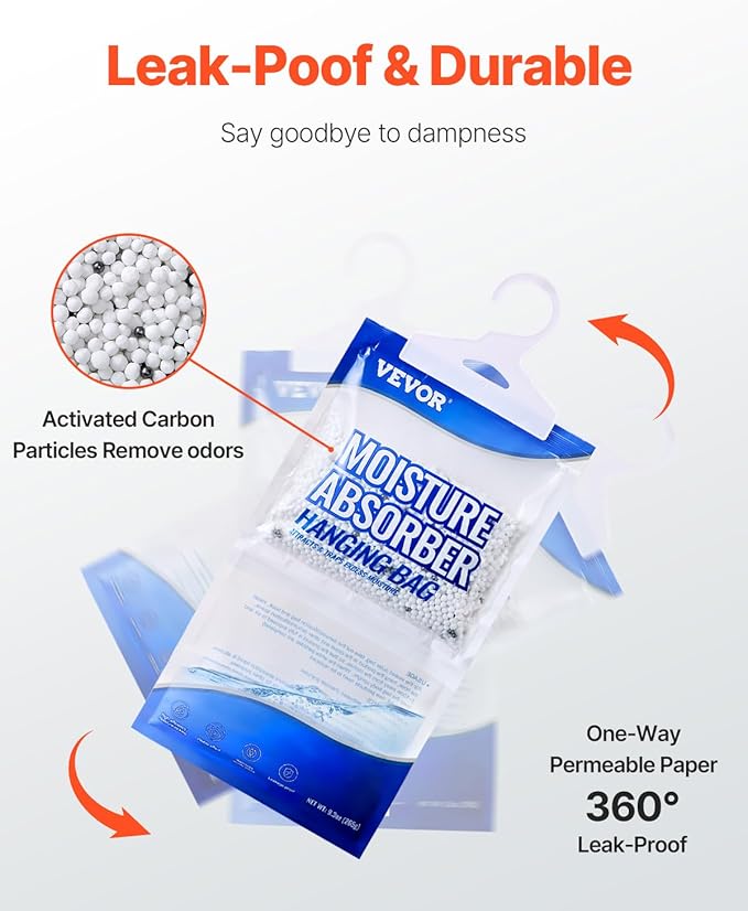 VEVOR Hanging Moisture Absorber, 9.3 oz Hanging Closet Dehumidifier Bags(10 Packs), Fragrance Free Moisture Bags in Wardrobes, Bedrooms, Bathrooms
