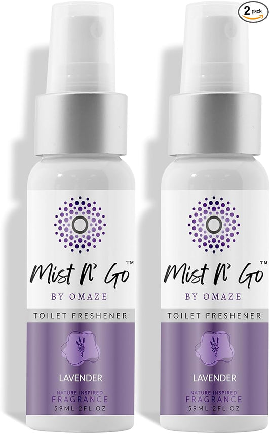 Mist N??Go by Omaze Travel Bathroom Spray for Toilet Spray Odor Eliminator - Travel Toilet Spray for Bathroom Air Freshener Spray for Bathroom Deodorizer - Lavender Regular Size (2oz x2)