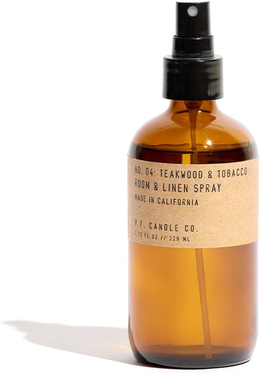 P.F. Candle Co. Teakwood & Tobacco Scented Room & Linen Spray (7.75 fl oz) Amber Glass Bottle, Fine Fragrance Oil, Quick Fabric and Air Refresher, Made In The U.S.A.