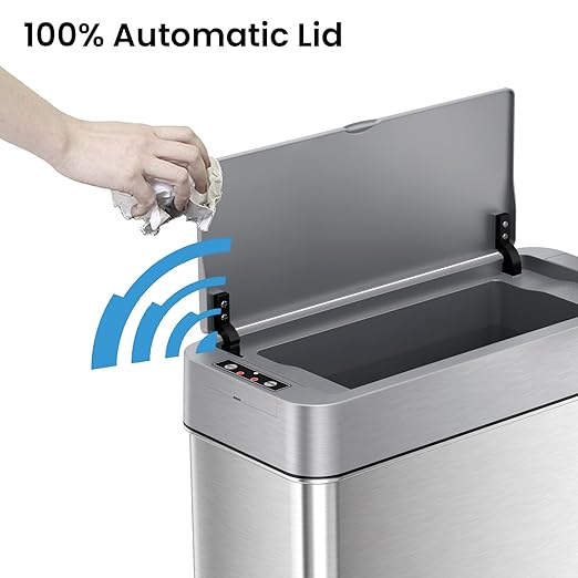iTouchless 4 Gallon Slim Sensor Garbage Can (Lid Opens Left) with AbsorbX Odor Control, 15 Liter Slim Stainless Steel Automatic Trash Bin, Space-Saving Bin for Bathroom, Kitchen, Office, Hotel