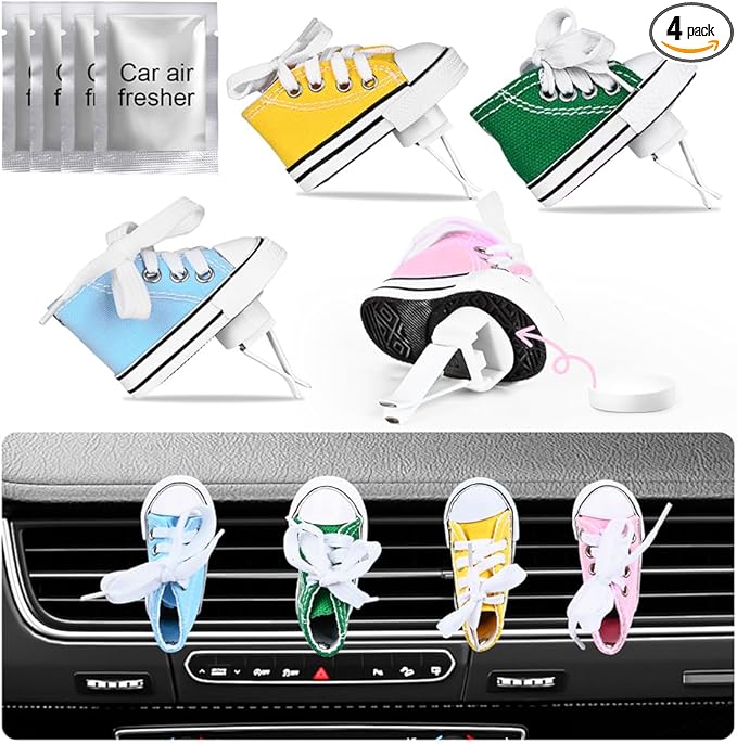 4 pack Car Air Fresheners Cute Shoes Car Air Vent Clip Freshener with 4PCS Reusable Scents Tablets Refills Cars Accessories for Women/Men Cars Interior Decoration Best Gift for Friend