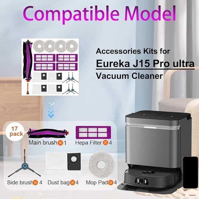 J15 Pro Ultra Replacement Parts Accessories Compatible with Eureka J15 Ultra Robot Vacuum Cleaner, Including 1 Main Brush, 4 Hepa Filters, 4 Mop Pads, 4 Dust Bag, 4 Side Brushes