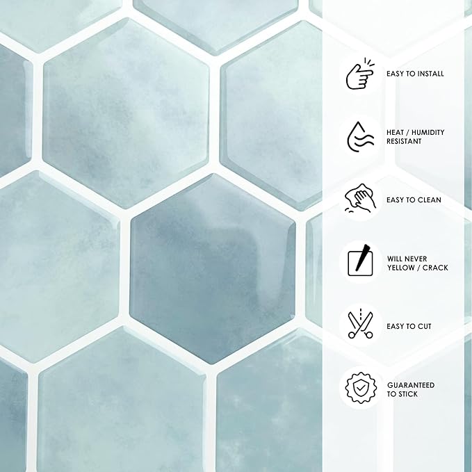 10-Sheet Hexagon Peel and Stick Backsplash for Kitchen, New Upgrade Premium Extra Thicker Design 3D Self Adhesive Wall Tiles, Large Stick on Tiles for Kitchen and Bathroom (12" x 12")