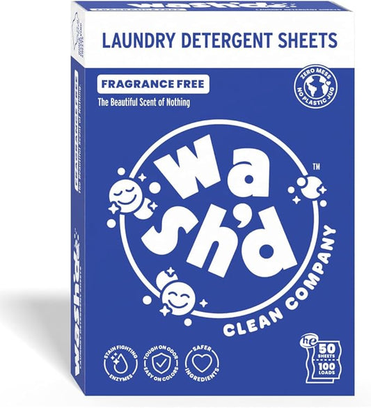 Wash'd Laundry Detergent Sheets - Unscented 100 Loads - Non Toxic Stain Fighting Enzymes Free and Clear - Plastic Free Travel Friendly Drawer Box