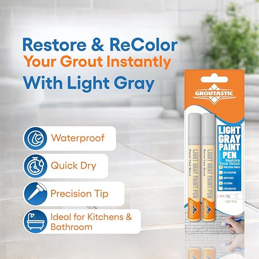 Light Gray Grout Paint Pen Tile Grout Colorant & Sealer Marker, Quick-Dry, Ideal for Bathroom, Shower, Kitchen Tiles Restores Grout Lines, 3 Adjustable Tips (2-3 mm) 2 Pack