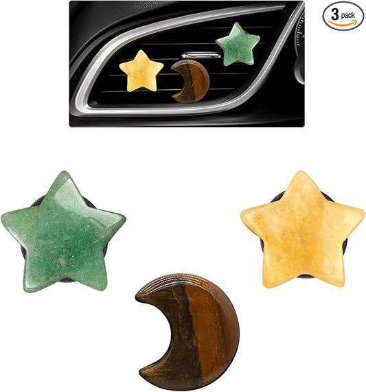 Moon Stars Car Decor,Boho Air Vent Clips,Refillable Car Fresheners,3pcs Natural Crystal Stone Hippie Dashboard Decorations Accessories,Best Wishes for Lover and Friend (Green & Yellow)