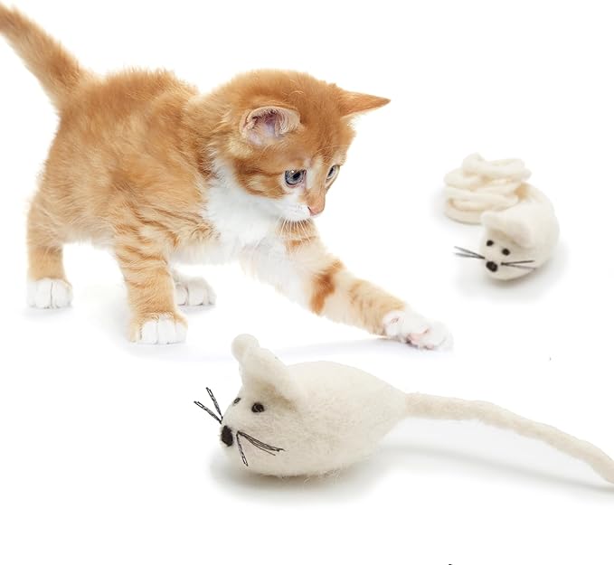 Glaciart One Felt Mouse Cat Toy – Soft Fuzzy Enrichment 100% Natural Wool - Interactive Catnip Play Cat Toy Set - Safe for Pets, Non-AZO Colored Dyes - 42” Long