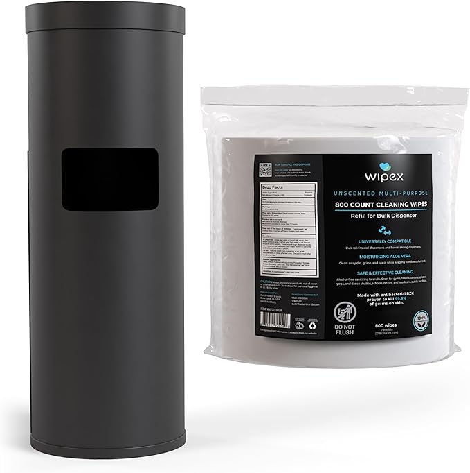 Wipex Gym Wipes Bundle: (1) Premium Black Wipe Dispenser with Trash Bin - Durable Stainless Steel and (1) 800ct Sanitizing Fitness Wipes Refill Roll - Suitable Use for Schools, Gyms, and Public Venues