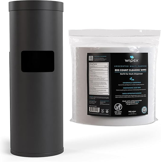 Wipex Gym Wipes Bundle: (1) Premium Black Wipe Dispenser with Trash Bin - Durable Stainless Steel and (1) 800ct Sanitizing Fitness Wipes Refill Roll - Suitable Use for Schools, Gyms, and Public Venues