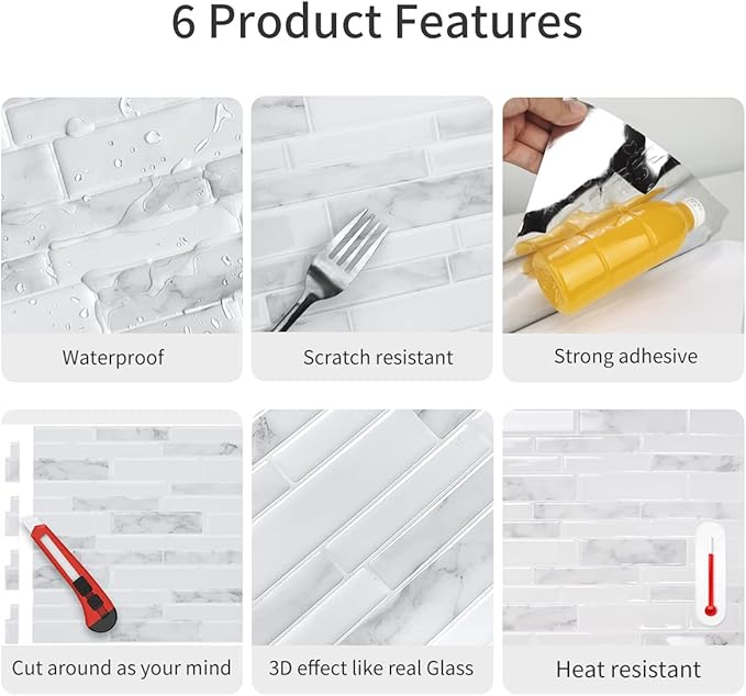Marble Peel and Stick Backsplash, 10-Sheet Premium 3D Self Adhesive Tiles for Kitchen Stick on Backsplash, Marble Look Decorative Tiles