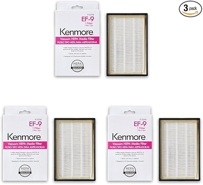 Kenmore 53296 EF-9 Media Vacuum Cleaner Exhaust Filter for Upright and Canister Vacuums, White (Pack of 3)