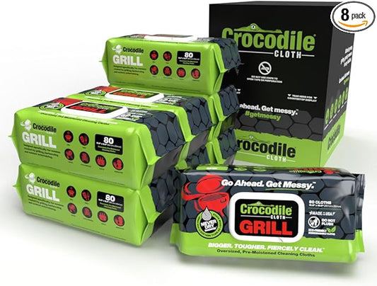 Crocodile Cloth Grill Wipes, 640 Count (8 Packs) ??Extra-Large 15??x 10??Plant-Based Cleaning Cloths, Safe on Skin & Surfaces, Pre-Moistened with Aloe & Vitamin E