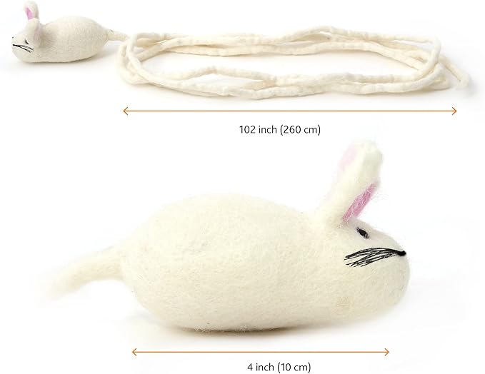 Glaciart One Felt Mouse Cat Toy – Soft Fuzzy Enrichment 100% Natural Wool - Interactive Catnip Play Cat Toy Set - Safe for Pets, Non-AZO Colored Dyes - 100” Long