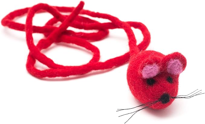 Glaciart One Felt Mouse Cat Toy – Soft Fuzzy Enrichment 100% Natural Wool - Interactive Catnip Play Cat Toy Set - Safe for Pets, Non-AZO Colored Dyes - 42” Long