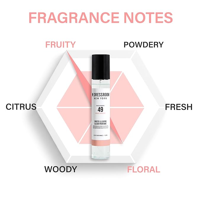 W.Dressroom No.49 Peach Blossom Living Clear Perfume, Body Mist & Fabric Spray Deodorizer, Alcohol-Free Water-Based, Odor Neutralizer for Clothes, Bedding & Room, Travel Size 2.36 oz