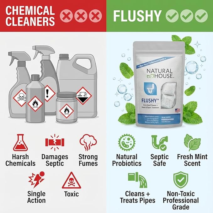 Natural House Flushy - Probiotic Toilet Bowl Cleaner Pods - Septic Safe - Removes Hard Water Stains - Fresh Mint Scent - 20 Pack