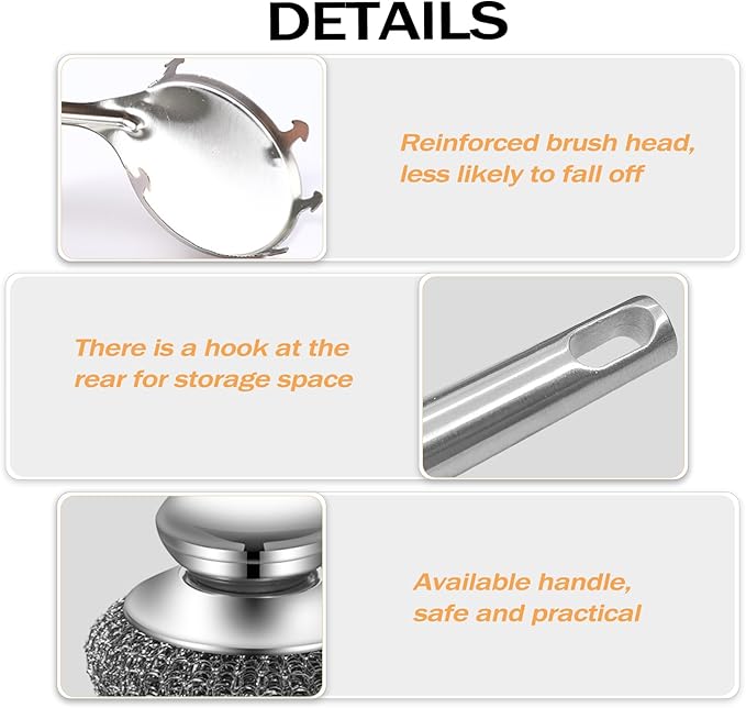 Heavy Duty Stainless Steel Scrubber Set - Long & Short Handle with 5 Steel Wool Pads, Cast Iron & Pot Scrubber for Dishes, Pans, Grills, Stoves