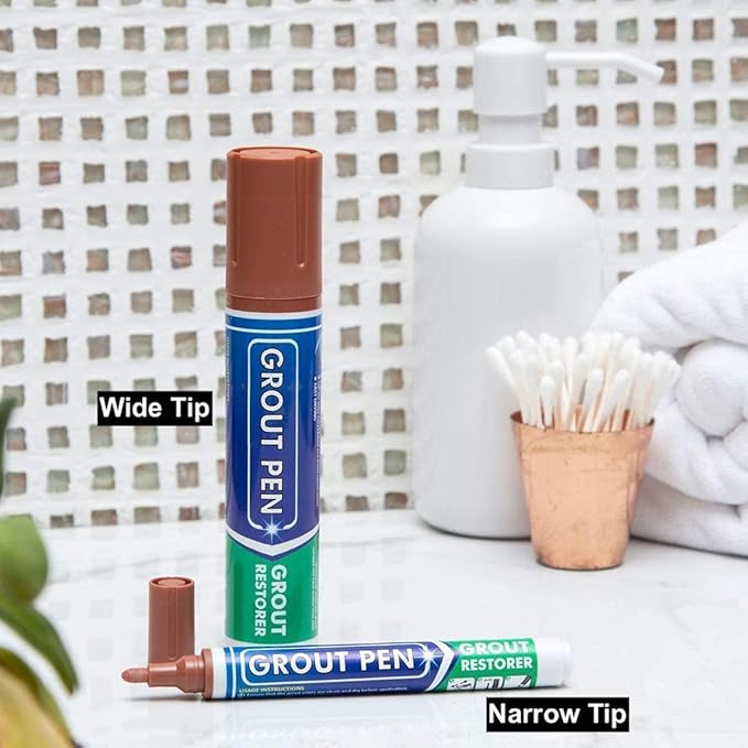 Grout Pen Tile Paint Marker: Waterproof Grout Colorant and Sealer Pen to Renew, Repair, and Refresh Tile Grout - Cleaner Coating Stain Pens - 2 Pack, 5mm Narrow and 15mm Wide Tip Pen - Terracotta
