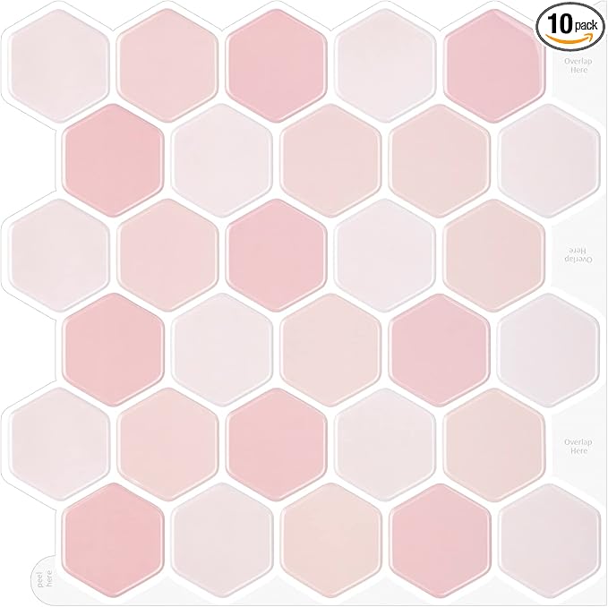 Hexagon Tiles Peel and Stick Backsplash for Kitchen, 10-Sheet Stick on Tiles Kitchen Backsplash, Pink 3D Peel and Stick Wall Tile（12''×12''）