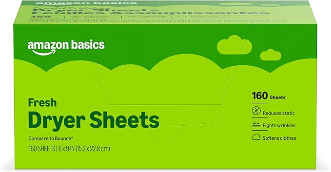 Amazon Basics Dryer Sheets, Fresh, Laundry Fabric Softener, 160 Count
