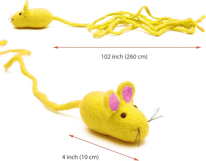 Glaciart One Felt Mouse Cat Toy – Soft Fuzzy Enrichment 100% Natural Wool - Interactive Catnip Play Cat Toy Set - Safe for Pets, Non-AZO Colored Dyes - 100” Long