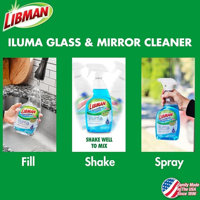 Libman Iluma Glass & Mirror Cleaner | Household Cleaning Products | Cleaning Supplies | Refillable Bottle | Glass Cleaner Spray | 24 fl oz Window Cleaner | 5 Total Concentrated Dissolvable Pods