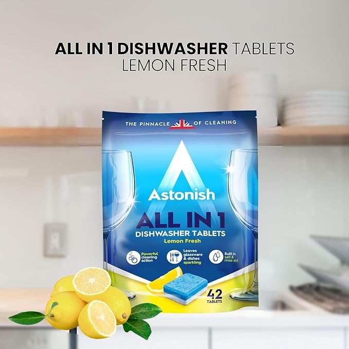 Astonish All In 1 Dishwasher Tablets - Household Cleaner Removes Grease, Grime, & Surface Stains - Dishwasher Soap with Salt & Rinse Aid, Cruelty Free Dishwasher Detergent, Lemon Fresh, 42 Pack