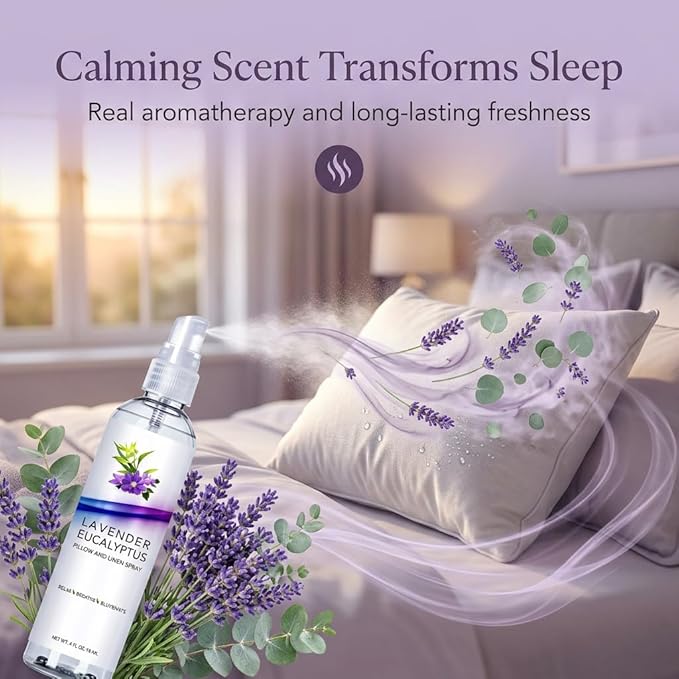 Lavender Eucalyptus Pillow and Linen Spray, Home Essential Oil Mist to Relax The Body & Mind, Natural Aromatherapy Sleep Spray, Calming Formula (Lavender Eucalyptus, 4oz)