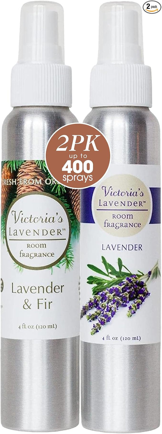 Victoria's Lavender Room Fragrance Spray - Natural Air Freshener & Odor Eliminator, Essential Oil Scent for Home & Bathroom, Aromatherapy Relaxation, Ideal Holiday Gift, Lavender & Fir - 2 Pack, 4 oz