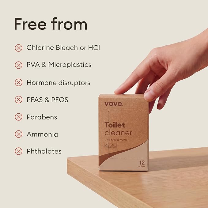 Vove Probiotic Toilet Bowl Cleaner Tablets, 12 Count - Lime & Eucalyptus, Citric Acid + Oxygen Bleach Fizzing Formula, Dissolves Hard Water Stains & Limescale, Plant-Based, Septic Safe, Plastic-Free