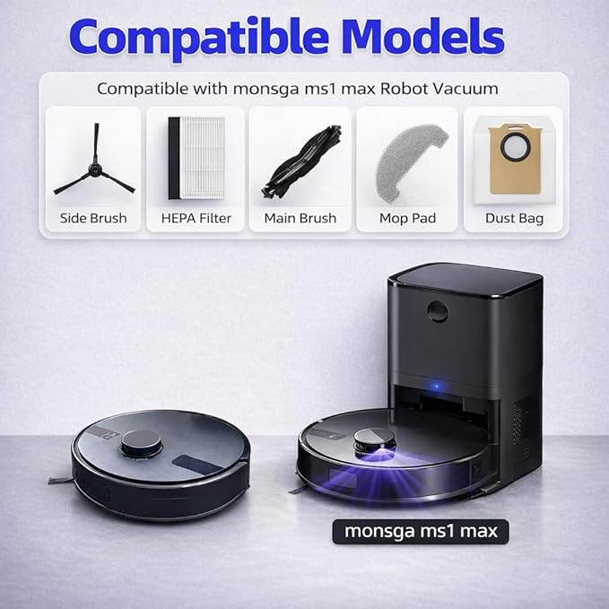 Replacement Parts Kit Compatible with MONSGA MS1 MAX/Proscenic Q8 MAX/Ultenic T10 Lite/Mova E20 Plus Robot Vacuum Cleaner 1 Roller Brush,6 Side Brushes,4 Hepa Filters,4 Mop Pad,4 Dust Bags