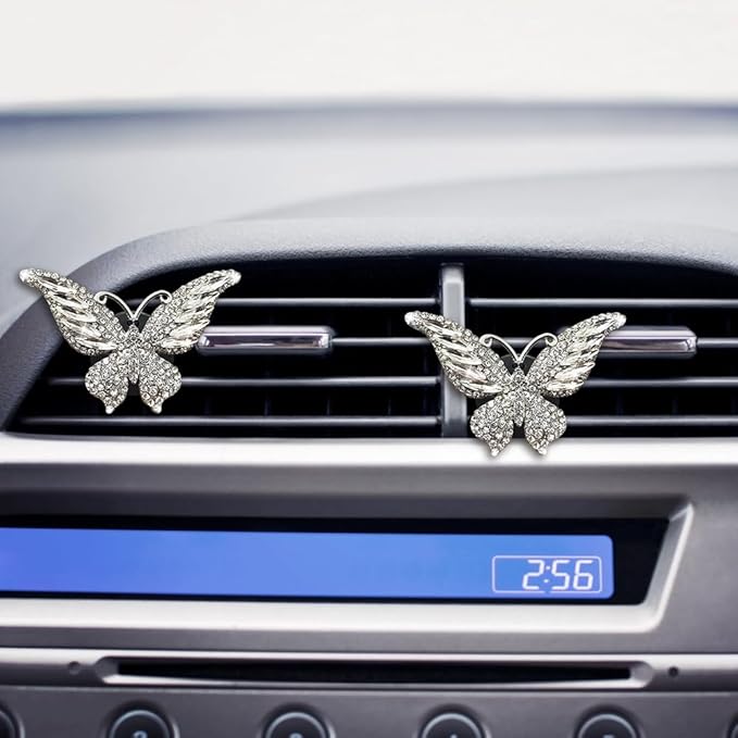 MiOYOOW 2PCS Butterfly Air Vent Clips, Mini Metal Car Air Fresheners, Rhinestone Car Interior Decorations, White, Pink, Blue, Natural Scent