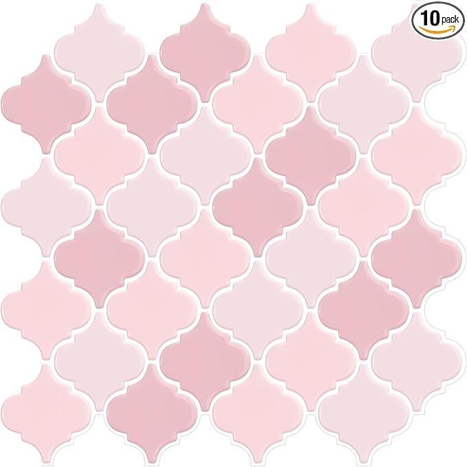 Pink Arabesque Tiles Peel and Stick Backsplash for Kitchen, WalDecoo 10-Sheet Stick on Tiles Kitchen Backsplash, Pink Peel and Stick Wall Tiles（12''×12''）