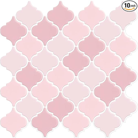 Pink Arabesque Tiles Peel and Stick Backsplash for Kitchen, WalDecoo 10-Sheet Stick on Tiles Kitchen Backsplash, Pink Peel and Stick Wall Tiles竊?2''횞12''竊?,<div>