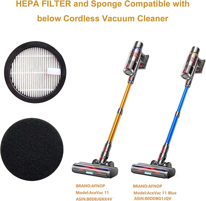 3Pack Acevac11 Hepa Replacement Filters and 3pack Sponge set Compatible with AFNOP Cordless Vacuum Cleaner, Washable and Durable Filters Works with AFNOP Upright Vac.(3.61in*3.61in*0.65in)