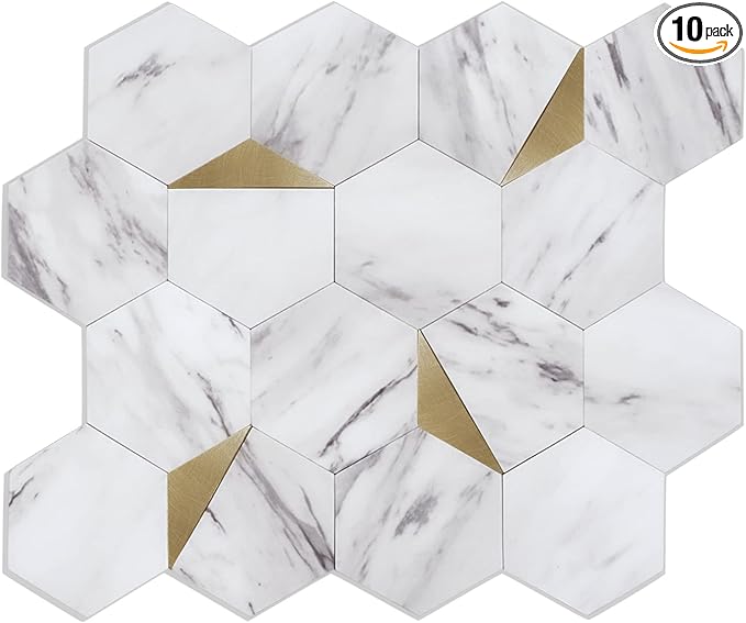 Peel and Stick Backsplash for Kitchen,New Upgrade Premium Hexagon Peel and Stick Backsplash, Seamless Backsplash Tile for Bathroom,（10-Sheet Carrara White Marble and Metal Gold）