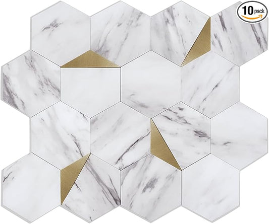 Peel and Stick Backsplash for Kitchen,New Upgrade Premium Hexagon Peel and Stick Backsplash, Seamless Backsplash Tile for Bathroom,竊?0-Sheet Carrara White Marble and Metal Gold竊?,<div>