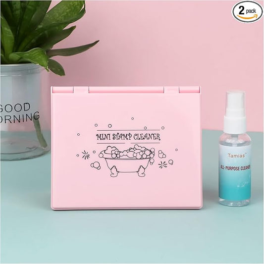 Briartw Stamp Cleaning Kit:Pink Stamp Scrubber & All-Purpose Stamp Cleaner Spray | Dual-Sided Cleaning Pad for Rubber, Clear, Cling & Foam Stamps | Complete Care for Water-Based & Permanent Inks